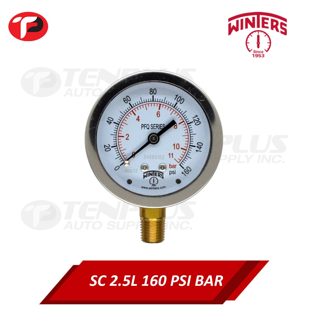 Winters Pressure Gauge 2.5" Stainless Case Brass Socket 0-160 PSI/ 11 BAR 1/4 Bottom Connection Liquid Filled