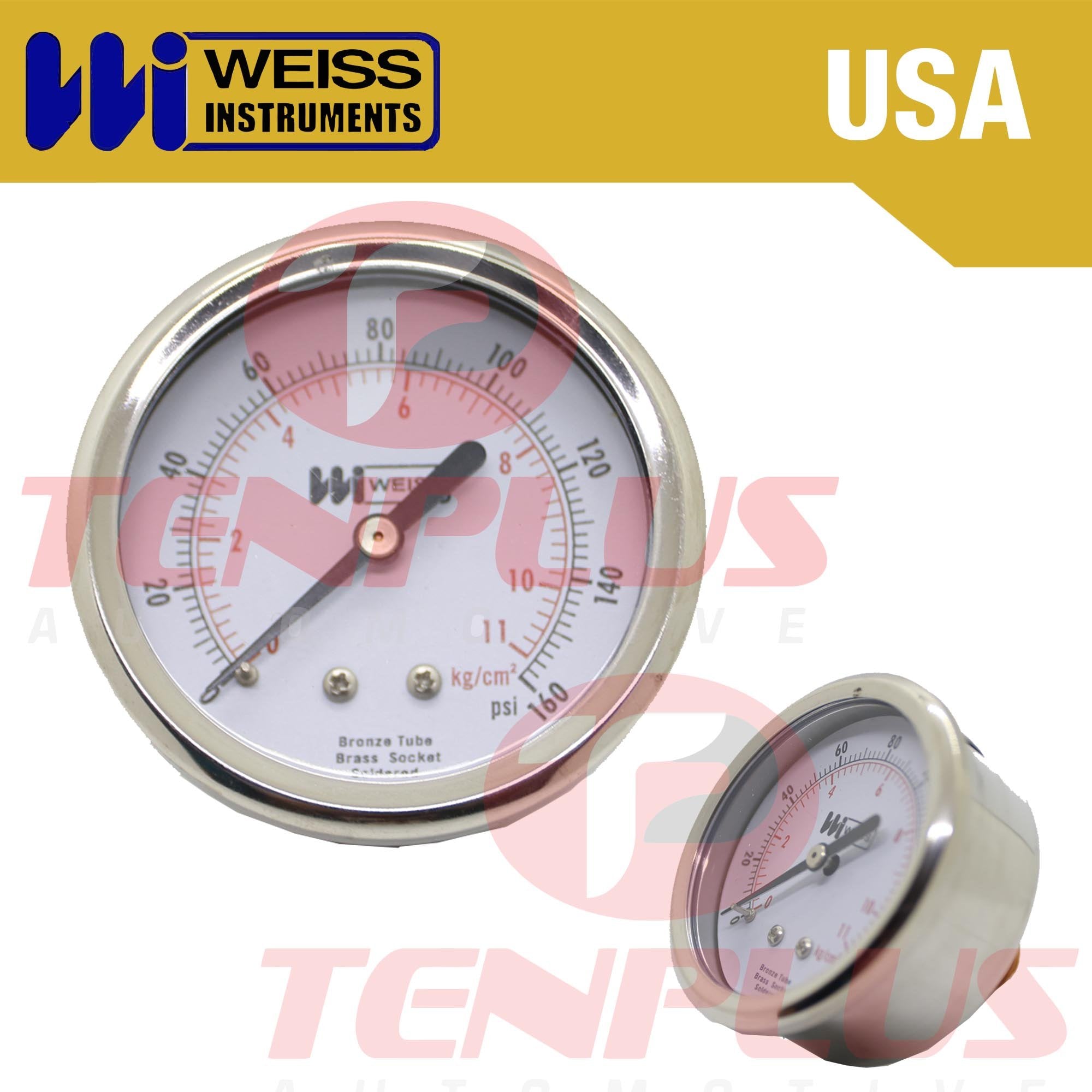 Weiss Pressure Gauge 2.5" Stainless Case Brass Socket 0-160 PSI/ 11 KGCM2 1/4 Centerback Connection Liquid Filled