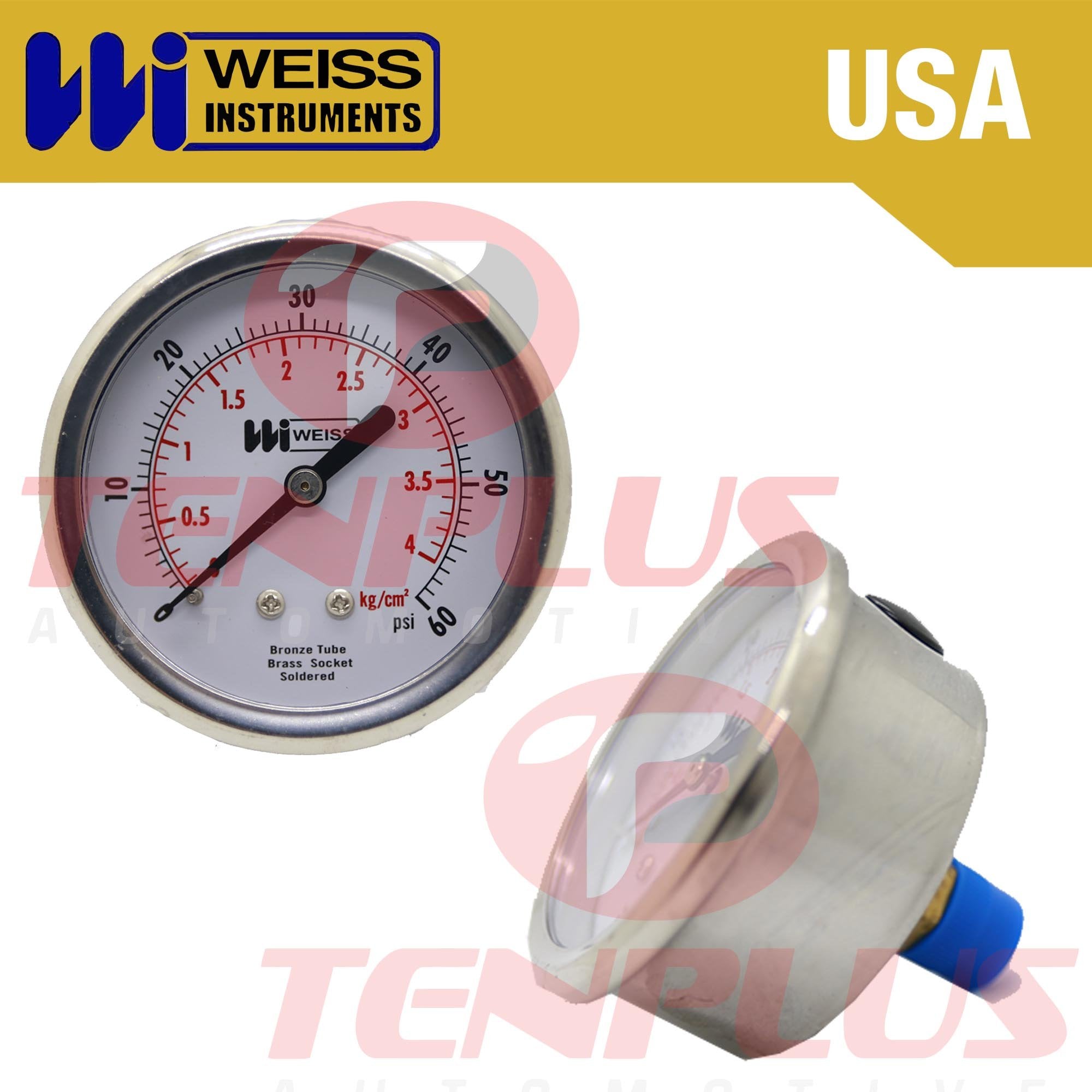 Weiss Pressure Gauge 2.5" Stainless Case Brass Socket 0-60 PSI/ 4 KGCM2 1/4 Centerback Connection Liquid Filled