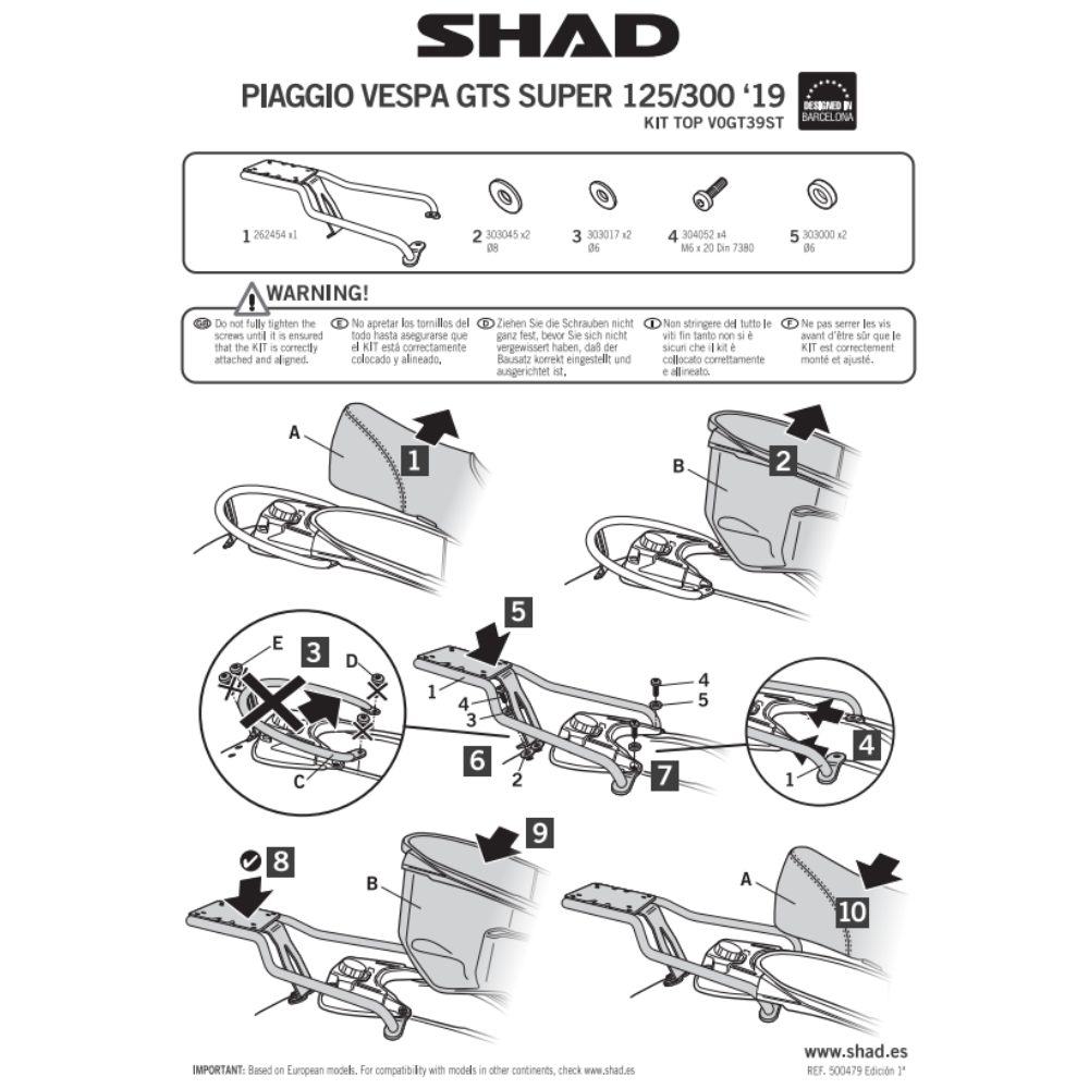 SHAD Top Box Bracket PIAGGIO VESPA GTS 150/300 2019-2024