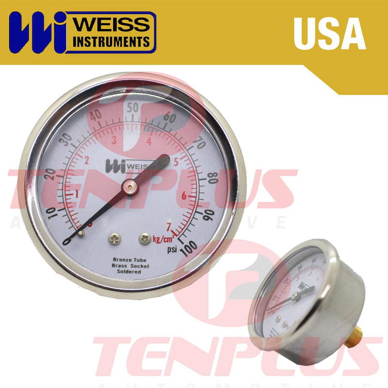 Weiss Pressure Gauge 2.5" Stainless Case Brass Socket 0-100 PSI/ 7 KGCM2 1/4 Centerback Connection Liquid Filled