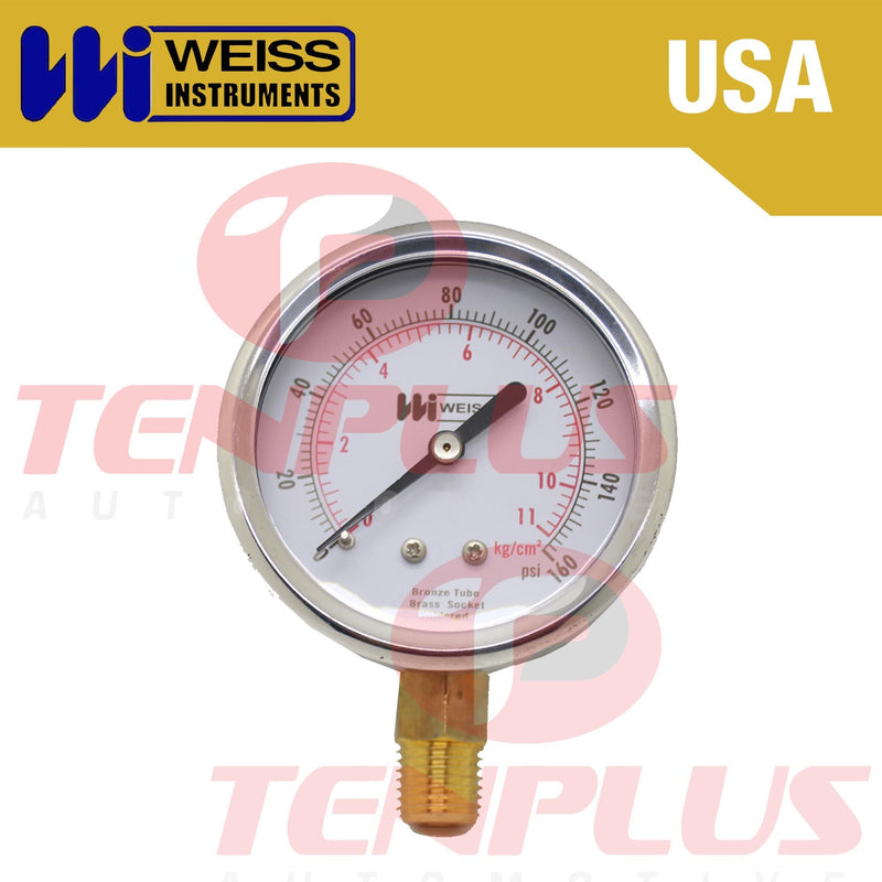Weiss Pressure Gauge 2.5" Stainless Case Brass Socket 0-160 PSI/ 11 KGCM2 1/4 Bottom Connection Liquid Filled